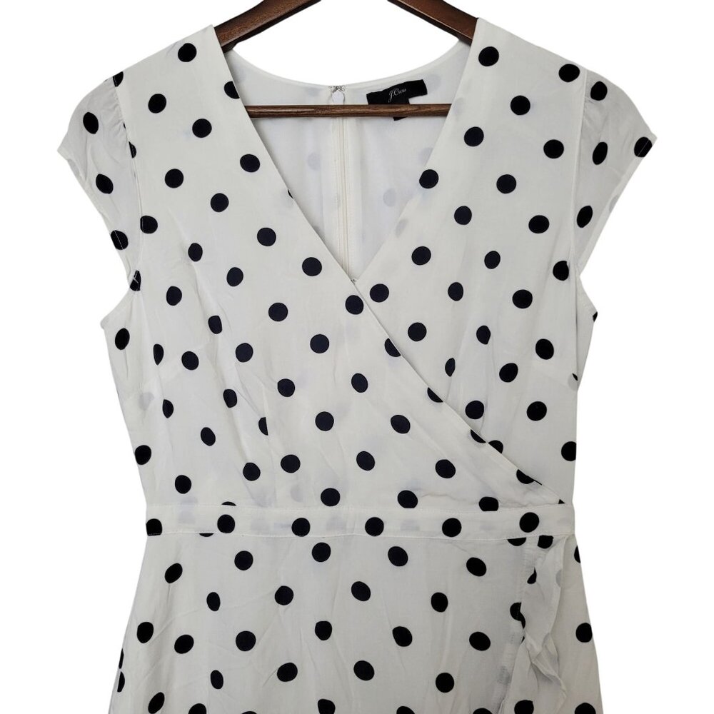 J. Crew Faux Wrap Dress Fawn Polka Dot Ruffle Size 4 White Black Cap Sleeve - Picture 3 of 9